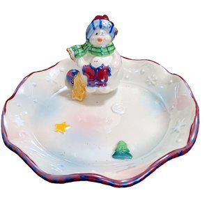 Luster Candy Dish With Attached Snowman Christmas Dish Winter 7"